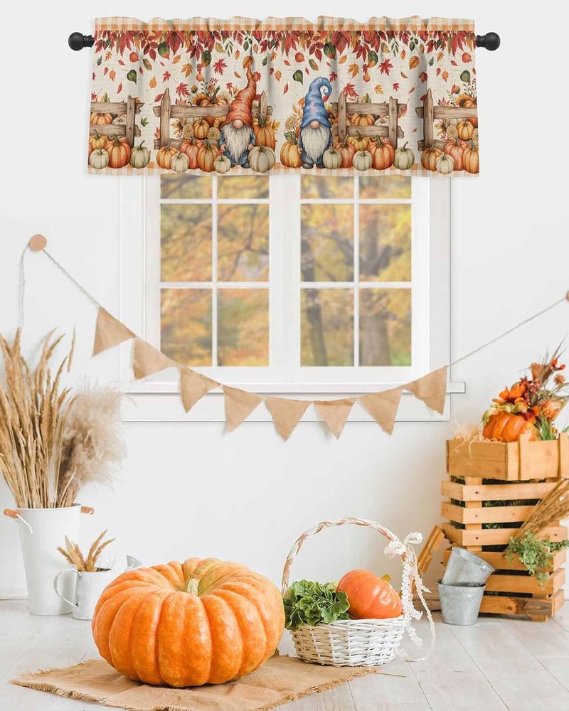 Fall Thanksgiving Curtain Valances Pumpkin Gnomes Valance for Kitchen Windows Retro Farmhouse Maple Leaves Rod Pocket Valance Curtains for Living Room Bedroom Small Windows Home Decor 42x12in - Image 2