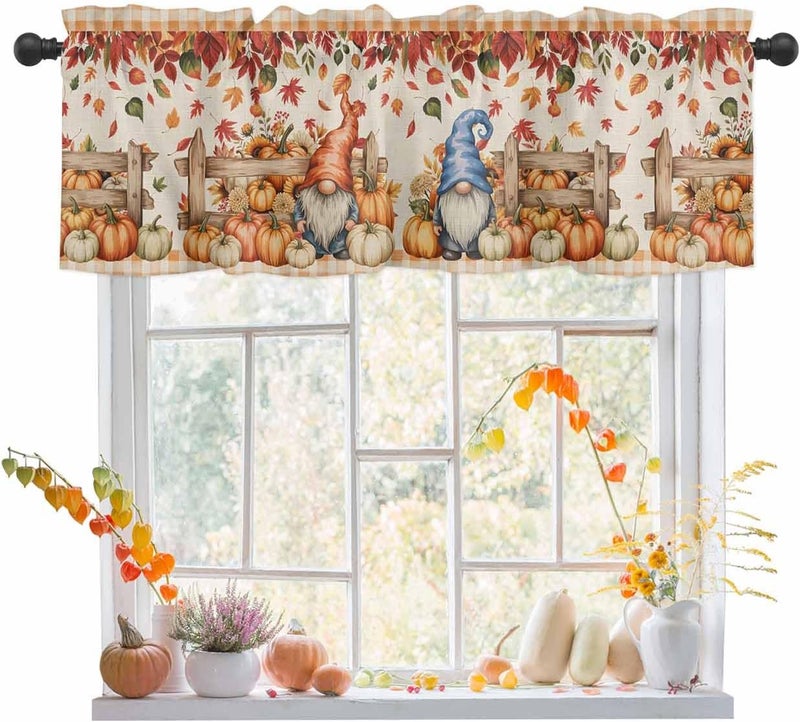 Fall Thanksgiving Curtain Valances Pumpkin Gnomes Valance for Kitchen Windows Retro Farmhouse Maple Leaves Rod Pocket Valance Curtains for Living Room Bedroom Small Windows Home Decor 42x12in - Image 1