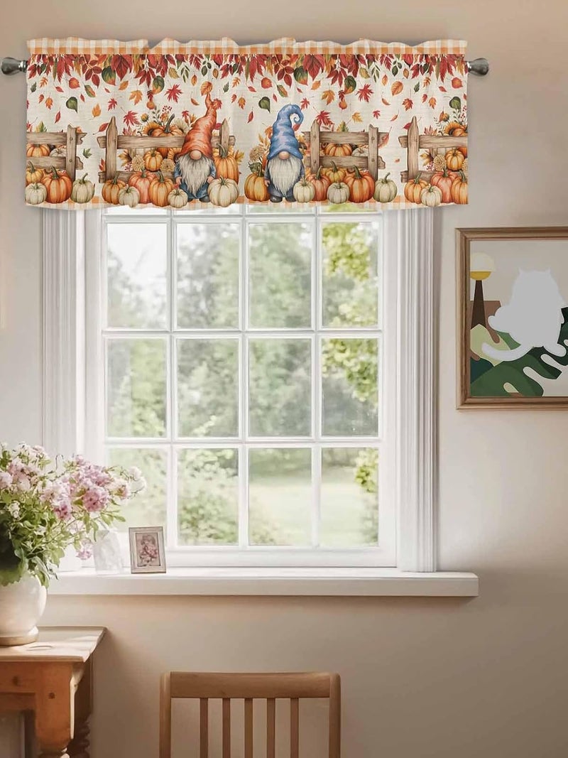 Fall Thanksgiving Curtain Valances Pumpkin Gnomes Valance for Kitchen Windows Retro Farmhouse Maple Leaves Rod Pocket Valance Curtains for Living Room Bedroom Small Windows Home Decor 42x12in - Image 5