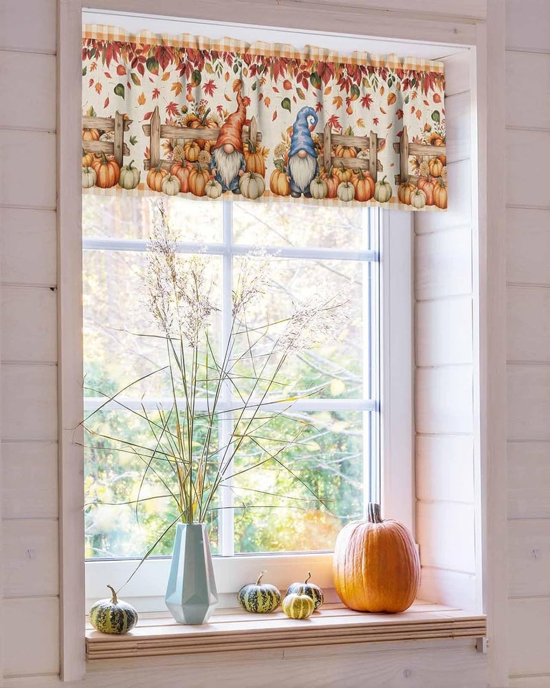 Fall Thanksgiving Curtain Valances Pumpkin Gnomes Valance for Kitchen Windows Retro Farmhouse Maple Leaves Rod Pocket Valance Curtains for Living Room Bedroom Small Windows Home Decor 42x12in - Image 4