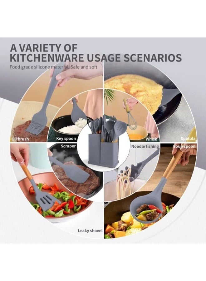 VIO Silicone Kitchen Utensils Set with Wooden Handle Nonstick Cookware Tools Heat Resistant Safe Cooking Gadgets - Image 5