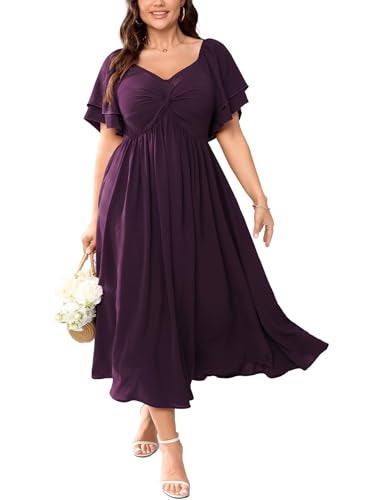 SCOMCHIC Women's Plus Size Wedding Guest Cocktail Dresses Sweetheart Neckline Ruffle Sleeve A Line Maxi Dress Purple - Image 1