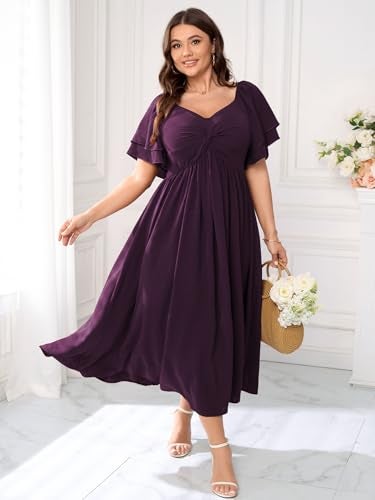 SCOMCHIC Women's Plus Size Wedding Guest Cocktail Dresses Sweetheart Neckline Ruffle Sleeve A Line Maxi Dress Purple - Image 4