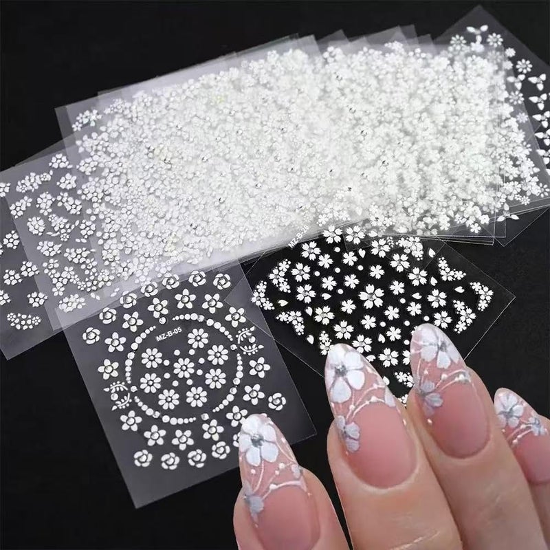 SPLOCUDU White Flower Nail Art Stickers White Flower with Rhinestones Nail Decals 3D Self Adhesive Nail Stickers Nail Art Designs Flowers Sticker for Nails Decorations 30 Sheets - Image 3