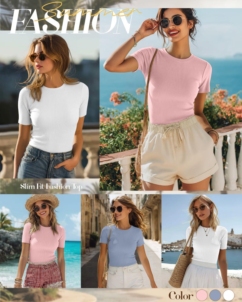 Ficerd 3 Pack Women's Ribbed T-Shirts, Cotton Short Sleeve Basic Tees Crewneck Fitted Tops Casual Shirts 2026 Summer Trendy(White, Macaron Blue, Light Pink,Small) - Image 4