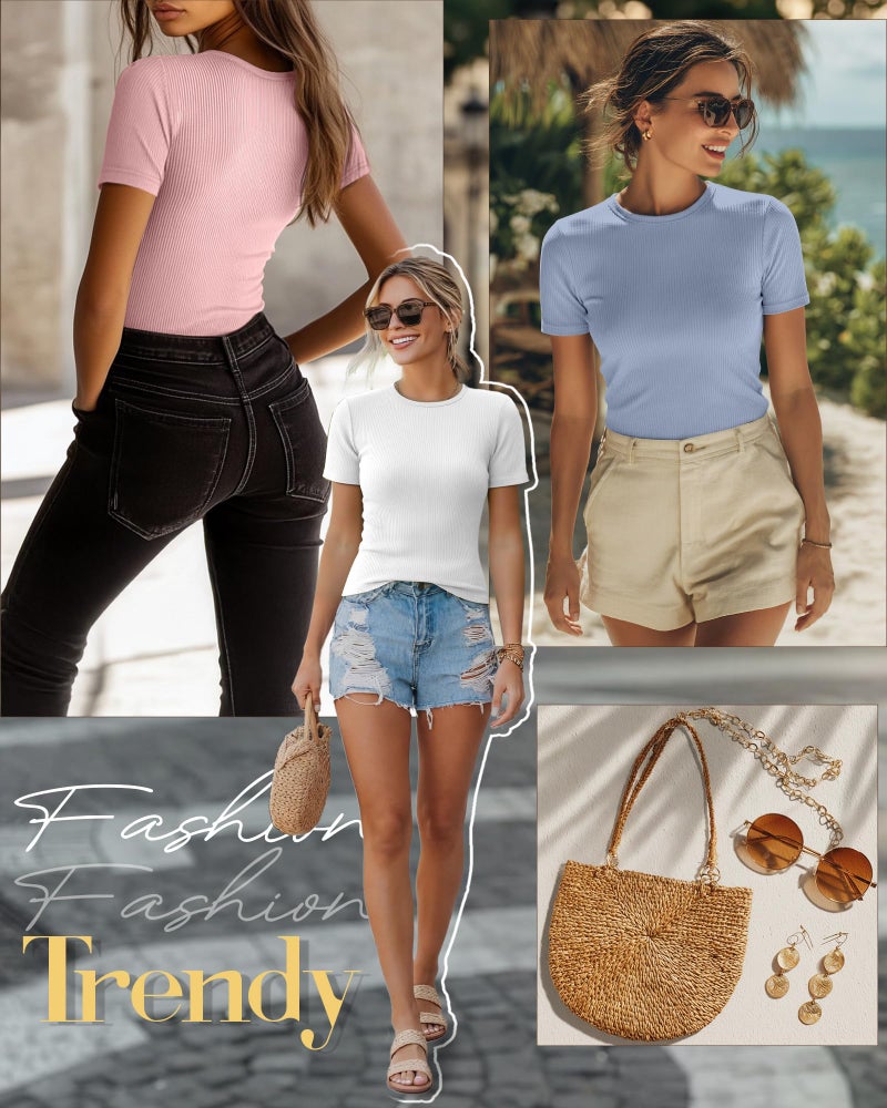 Ficerd 3 Pack Women's Ribbed T-Shirts, Cotton Short Sleeve Basic Tees Crewneck Fitted Tops Casual Shirts 2026 Summer Trendy(White, Macaron Blue, Light Pink,Small) - Image 3