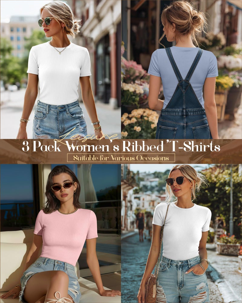 Ficerd 3 Pack Women's Ribbed T-Shirts, Cotton Short Sleeve Basic Tees Crewneck Fitted Tops Casual Shirts 2026 Summer Trendy(White, Macaron Blue, Light Pink,Small) - Image 2