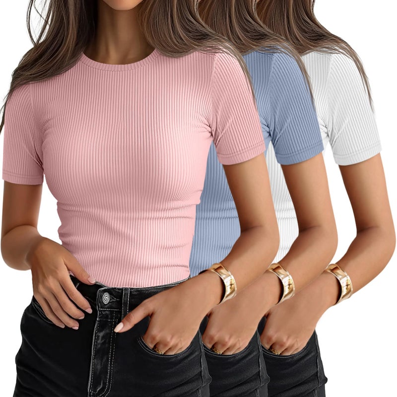 Ficerd 3 Pack Women's Ribbed T-Shirts, Cotton Short Sleeve Basic Tees Crewneck Fitted Tops Casual Shirts 2026 Summer Trendy(White, Macaron Blue, Light Pink,Small) - Image 1