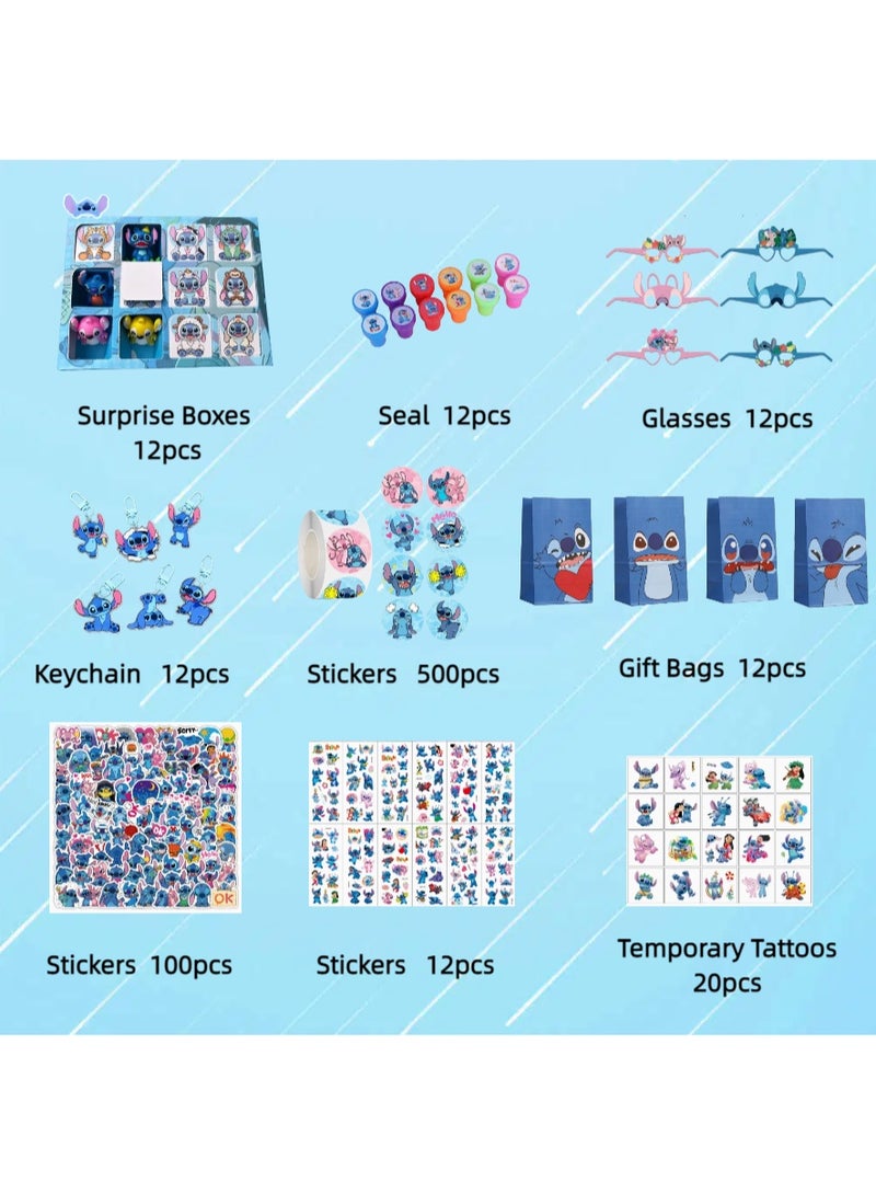 Stitch Party Favors Set, Blue Alien Birthday Party Supplies Include Keychains, Party Glasses, Gift Bags, Temporary Tattoos, 3D Stickers, Cartoon Stickers, Stamps, Blind Box, Kids Goodie Bag Fillers for Lilo & Stitch Themed Birthday Decorations - Image 2