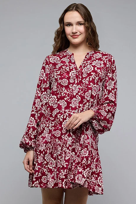 أر أند بي Patterned Mini Dress with V-Neck and Puff Sleeves