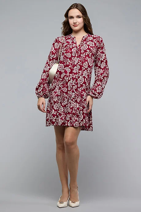 أر أند بي Patterned Mini Dress with V-Neck and Puff Sleeves