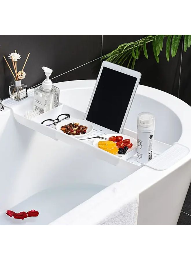 White Expandable Plastic Bathtub Tray Multifunctional Telescopic Storage Rack Shower Toiletries Drain Basket Bathroom Kitchen Home Organizer Accessories - Image 2