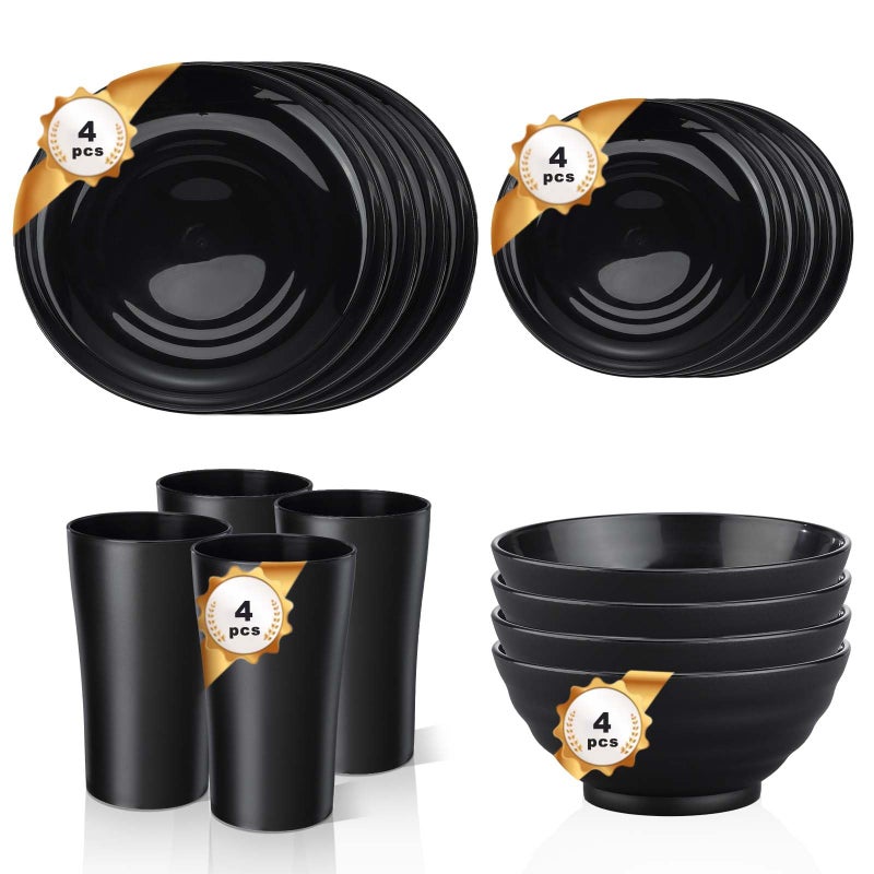 Pleafind 16Piece Black Plastic Dinnerware Set for 4 Includes Dinner Plates Salad Plates Cereal Bowls Cups Microwave  Dishwasher Safe Lightweight Unbreakable BPAFree