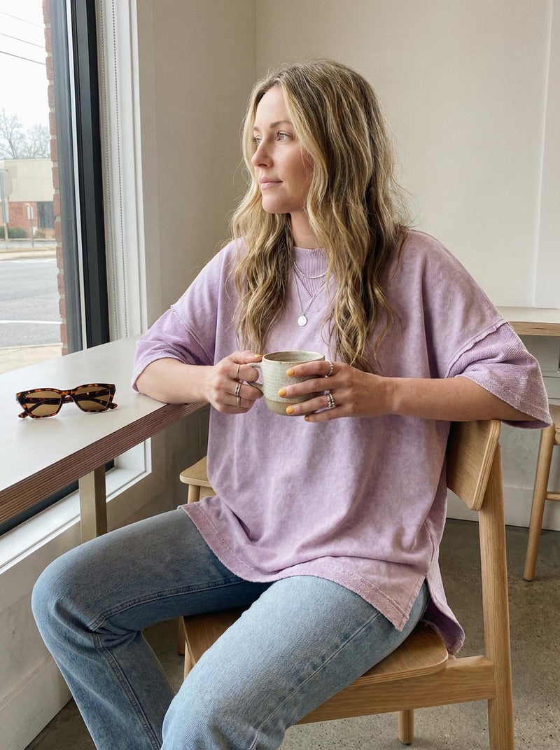 KevaMolly Womens Oversized Tshirts Tops Short Sleeve Orchid Petal Mineral Wash Exposed Seam Drop Shoulder Oversized Tee Casual Solid Tshirt M - Image 2