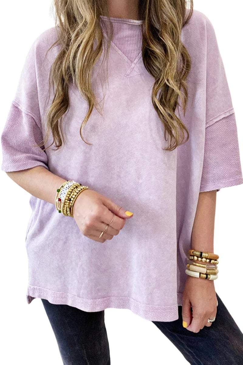 KevaMolly Womens Oversized Tshirts Tops Short Sleeve Orchid Petal Mineral Wash Exposed Seam Drop Shoulder Oversized Tee Casual Solid Tshirt M - Image 1