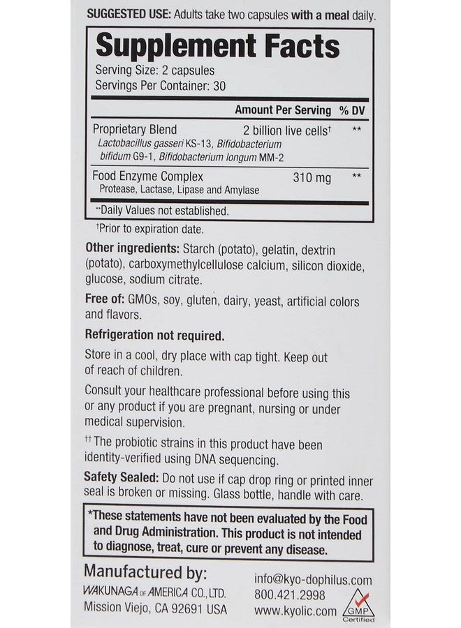 Kyolic Kyo-Dophilus Probiotic Plus Enzymes (60-Capsules) - Image 2