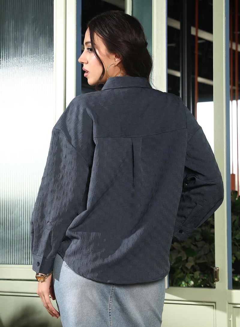 PINACOLADA  Women's Charcoal Black Cubic-Jacquard Oversized Shirt | نساء | أكمام طويلة | سادة | طوق منتشر | كاجوال كبير الحجم | قميص for Women | Best Price UAE