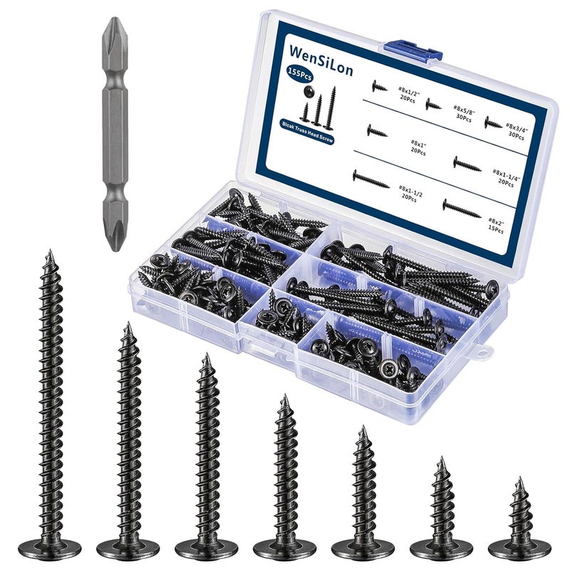 Wensilon Store #8 Black Truss Head Wood Screws Quick Metal Self Tapping Zinc Oxide Assortment Kit - Image 1