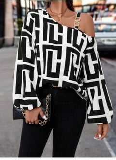 SHEIN Clasi Women Open Shoulder Long Sleeve All-Over Allover Print Casual Blouse, Everyday Wear One Shoulder Top