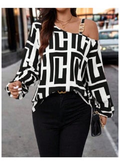 Shein SHEIN Clasi Women Open Shoulder Long Sleeve All-Over Allover Print Casual Blouse, Everyday Wear One Shoulder Top  - Image 2