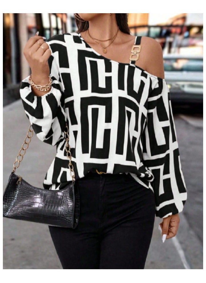 Shein - SHEIN Clasi Women Open Shoulder Long Sleeve All-Over Allover Print Casual Blouse, Everyday Wear One Shoulder Top - Image 1