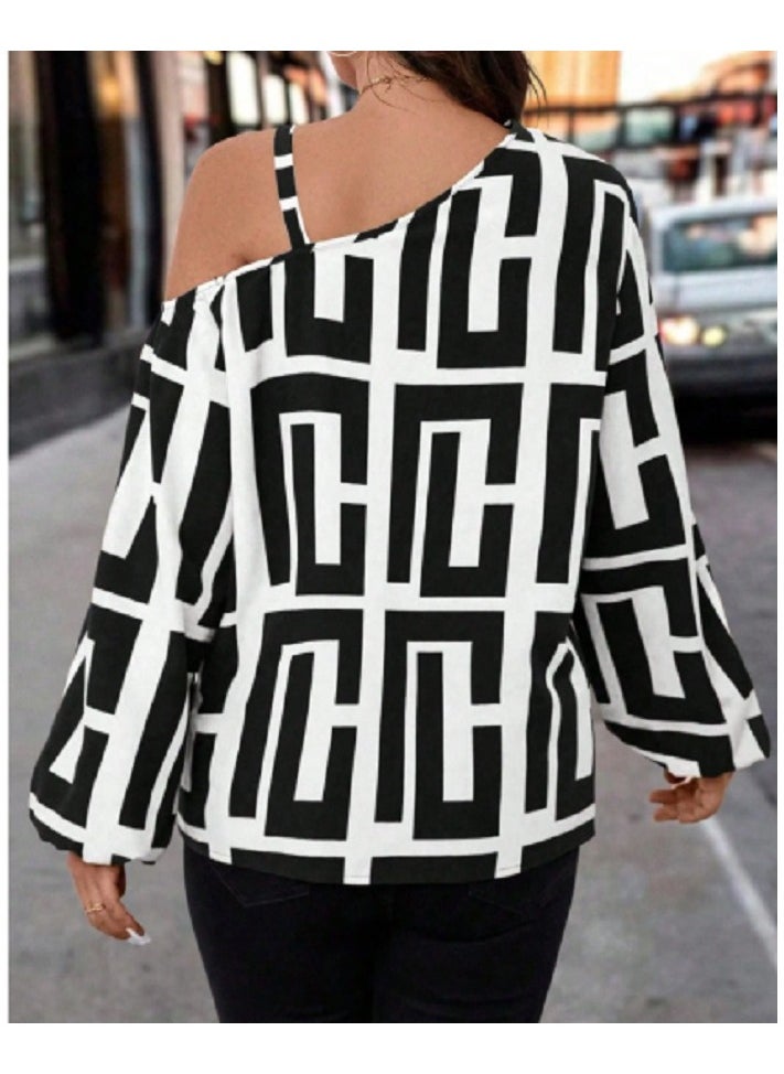Shein - SHEIN Clasi Women Open Shoulder Long Sleeve All-Over Allover Print Casual Blouse, Everyday Wear One Shoulder Top - Image 1