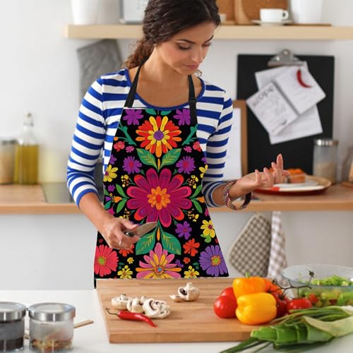 THISFIND Colorful Floral Print Apron for Women – Adjustable Waterproof & Oil-Resistant Apron for Cooking, Baking, Gardening & Kitchen Use – Black Background with Multicolor Flowers - Image 2