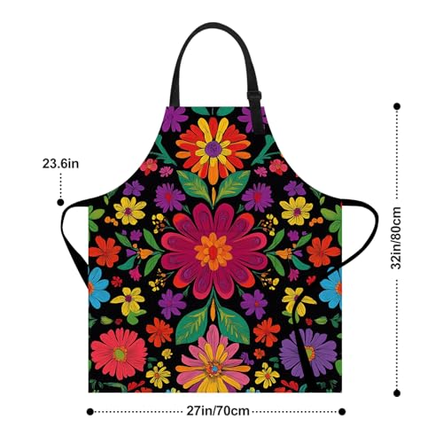 THISFIND Colorful Floral Print Apron for Women – Adjustable Waterproof & Oil-Resistant Apron for Cooking, Baking, Gardening & Kitchen Use – Black Background with Multicolor Flowers - Image 3