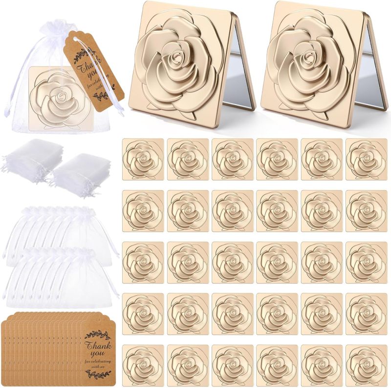 Compact Mirror Set:  Golden Portable Design - Exquisite Texture With Satchel And Tag For Wedding Bridal Shower Quinceañera Party Favors - Image 1