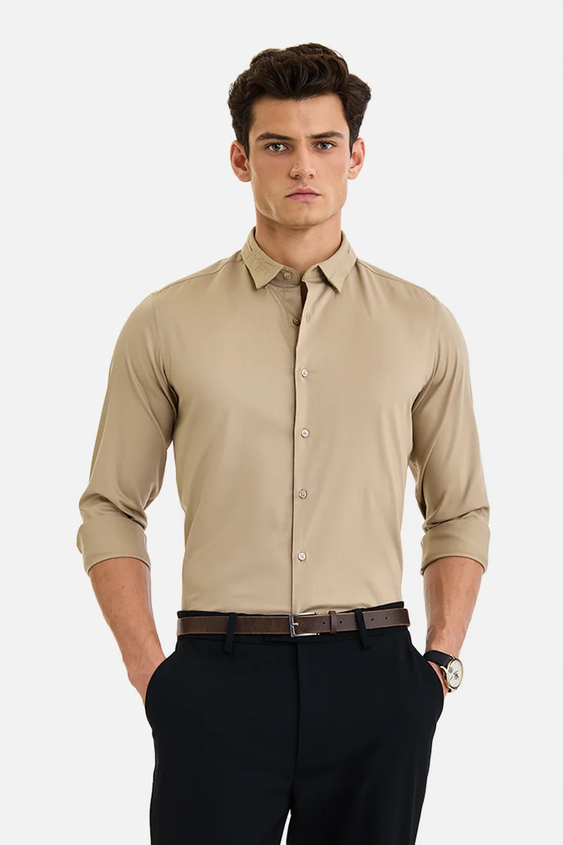 SNITCH Beige Solid Long Sleeve Slim Fit Formal Shirt