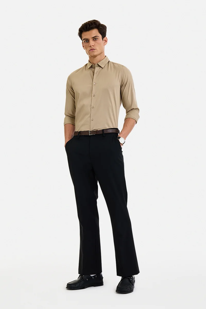 SNITCH Beige Solid Long Sleeve Slim Fit Formal Shirt