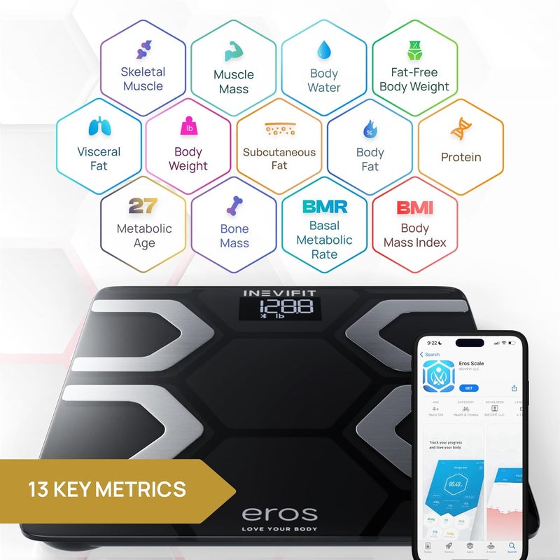 INEVIFIT EROS Bluetooth Body Fat Scale Smart BMI Highly Accurate Digital Bathroom Body Composition Analyzer with Wireless Smartphone APP 400 lbs 118 x 118 inch Black - Image 2