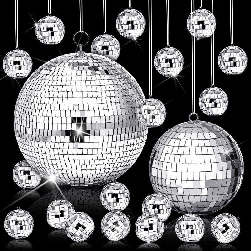 17 Pcs Disco Ball Decor Mini Large Assorted Size Hanging Mirror Disco Balls Silver Christmas Ornaments for New Year Decor Xmas Tree Weddings Party Favors Birthday8 6 12 Inch