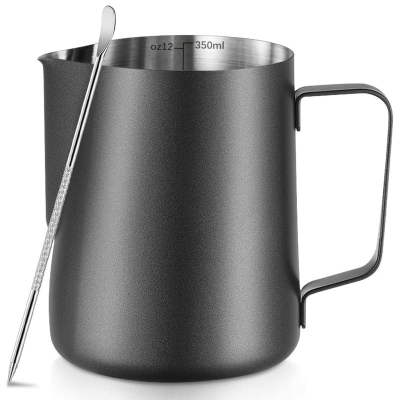NewGF Frothing Milk Pitcher, 12 oz/350 ml Stainless Steel Frothing Milk Jug with Latte Art Pen,with Internal Measurements, for Cappuccino, Espresso and More - Image 1