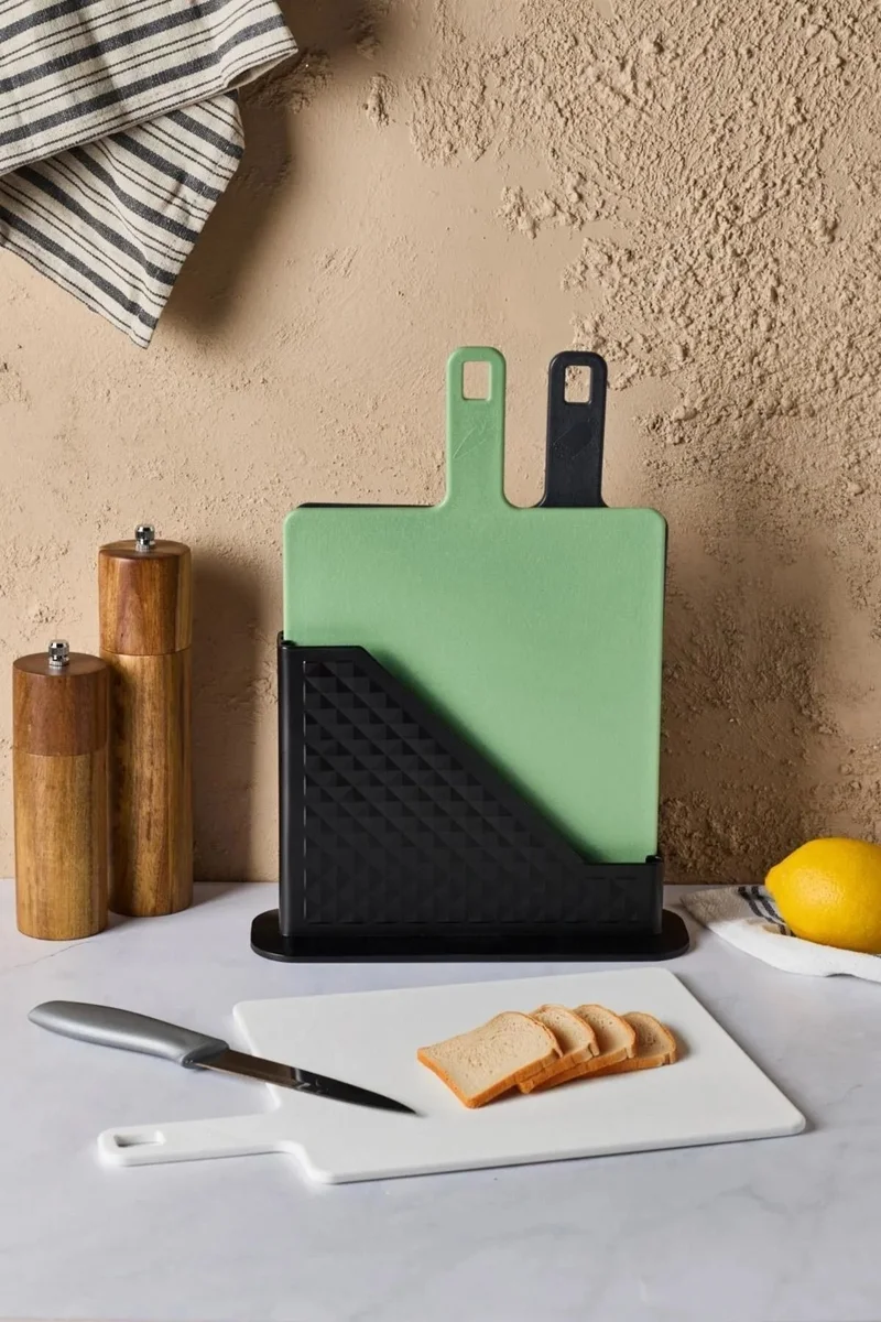 Kitchen Life 4 Piece Multi Cutting Board Set with Stand - Different Color Design Vegetable, Meat and Bread Cutting Board