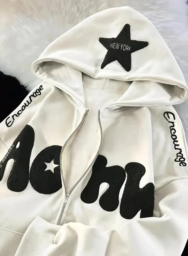 Take Two Take Two White Graphic Patch Detail Hooded Jacket