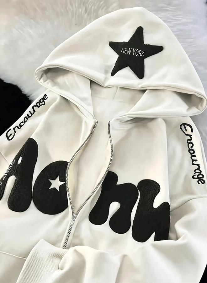 Take Two White Graphic Patch Detail Hooded Jacket - Image 1