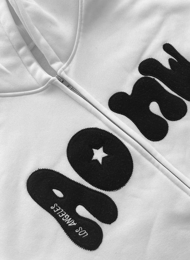 Take Two White Graphic Patch Detail Hooded Jacket - Image 4