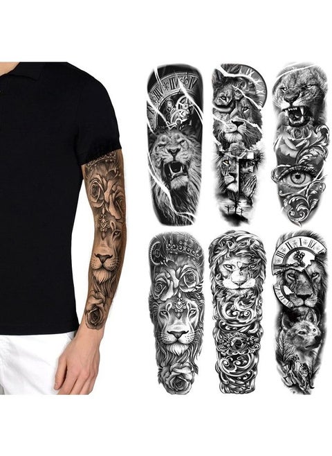 Fake Lion Sleeve Tattoo Stickers, 6-Sheet Full Arm Lion Tiger Wolf Animal Temporary Tattoos Sleeves for Adult Kids Women Makeup