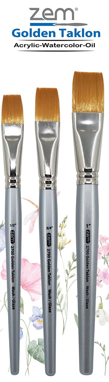 ZEM Brush Golden Taklon Wash Brush Set Sizes 12 34 1