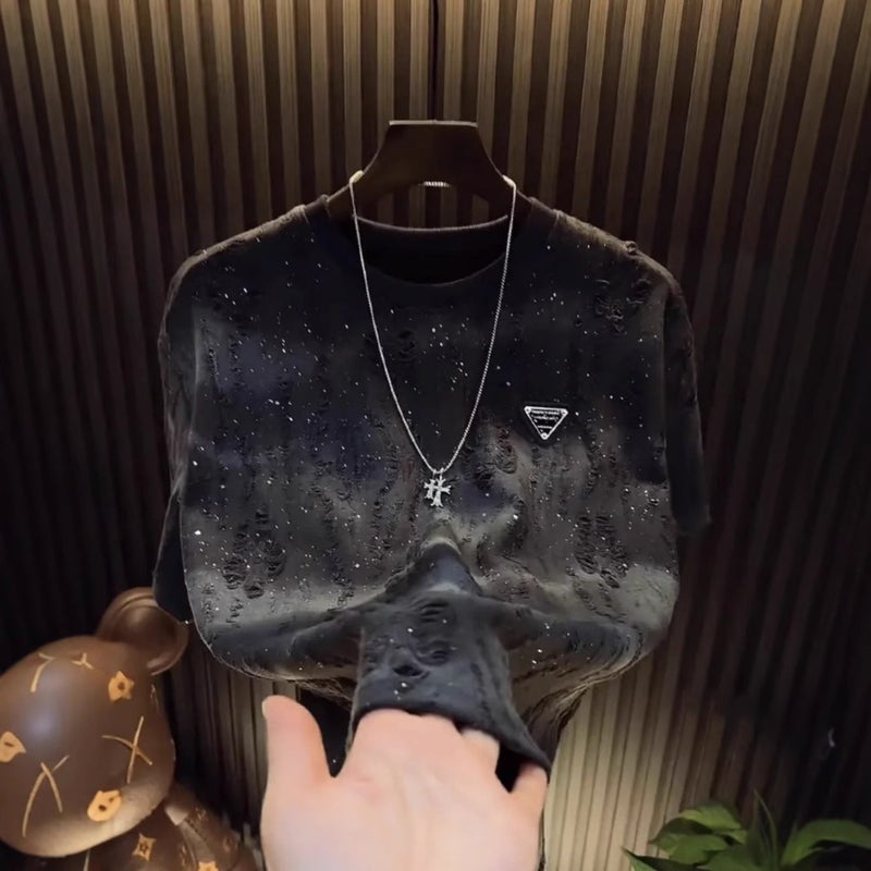 New 2025 Baby'S Breath T-Shirt Trendy Brand High-End Round Neck Top Sequined Loose Ripped Short-Sleeved T-Shirt For Men - Image 4