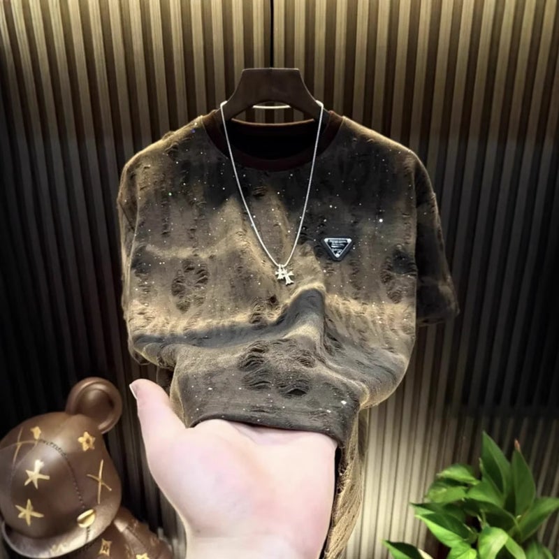 New 2025 Baby'S Breath T-Shirt Trendy Brand High-End Round Neck Top Sequined Loose Ripped Short-Sleeved T-Shirt For Men - Image 3