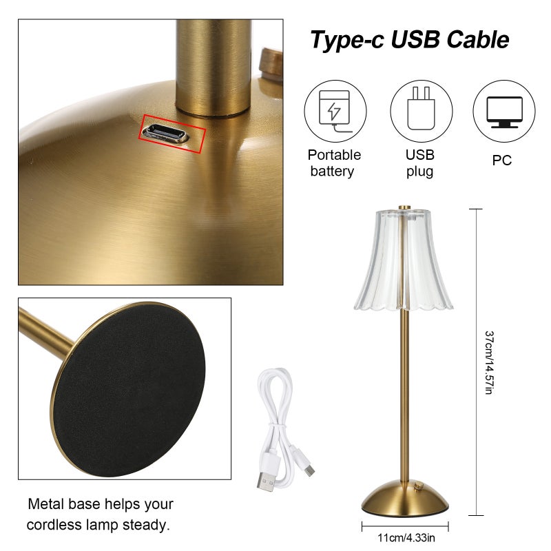 Vintage Crystal Table Lamp Dimmable Bedroom Bedside Lamp Touch Control Cordless Desk Lamp for Bar Restaurant Coffee Shop with 3 Light Colors Type-C Rechargeable - Image 3
