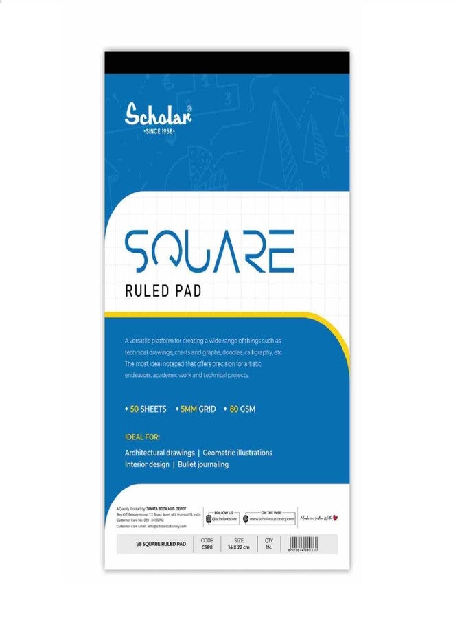 Scholar Square Grid Writing Pad - 80 Gsm Paper | 50 Sheets Each | Smooth Paper with Clear Square Ruling | Ideal for Mathematics, Geometry, Graph Work, Engineering Drawings, School & College Use | Neat Writing Practice Pad for Students, Teachers & Professionals (Pack of 5) (A5) - Image 1