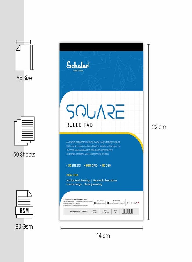 Scholar Square Grid Writing Pad - 80 Gsm Paper | 50 Sheets Each | Smooth Paper with Clear Square Ruling | Ideal for Mathematics, Geometry, Graph Work, Engineering Drawings, School & College Use | Neat Writing Practice Pad for Students, Teachers & Professionals (Pack of 5) (A5) - Image 2