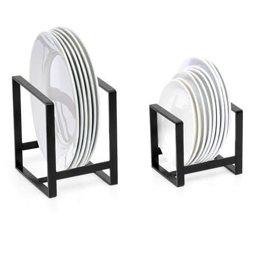 Livzing 2Pcs Plate Stand - Plate Holders - Metal Plate Dish Organizer Drying Rack for Kitchen Cabinet & Countertop - Utensil Storage Stand for Plates, Lids, Cutting Boards, Bowl (Small & Large Black) - Image 1