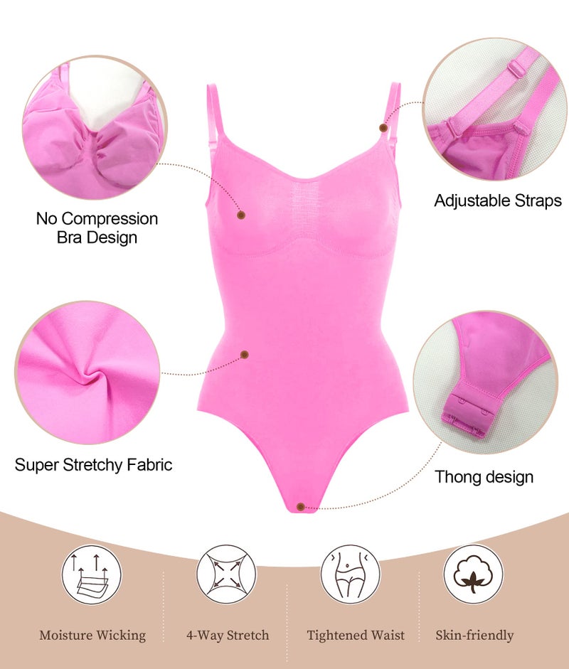 SHAPERX Women's Seamless Shapewear Bodysuit Tummy Control Body Shaper Waist Defining Body Suit,SZ5215-Pink-S/M - Image 3