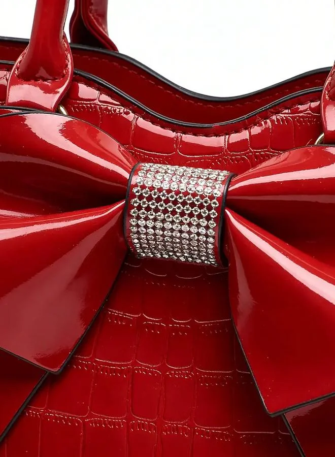 Take Two Red Croc-Embossed Bow Handbag with Purse