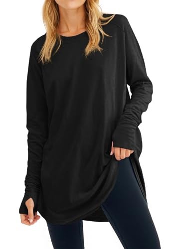 Fisoew Women's Casual Long Sleeve Tops Crew Neck Round Hem Loose T-Shirts Tunic Tops with Thumb Holes Black - Image 5