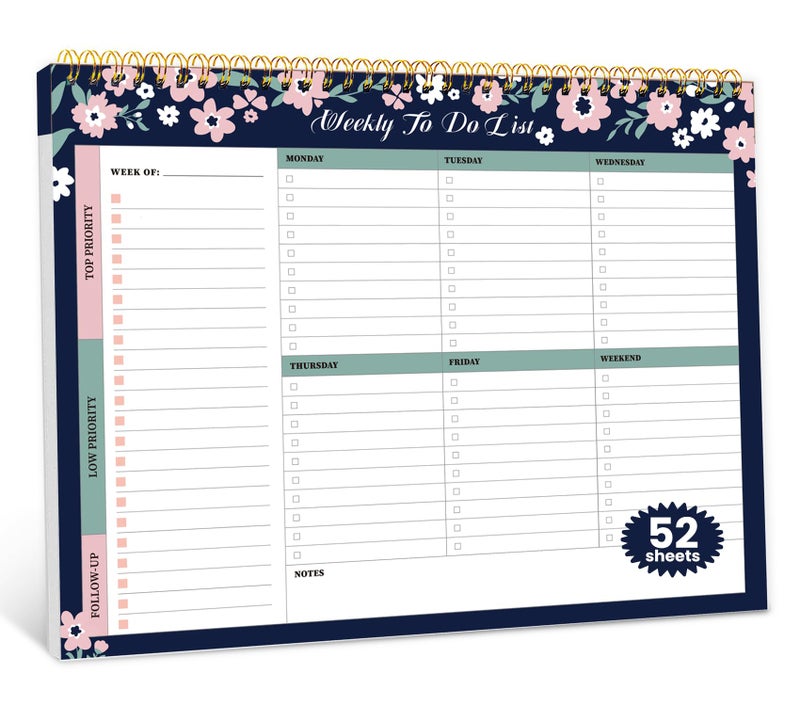 ZOTIA Weekly To Do List Notepad with 52 Undated Sheetsï¼ˆ8.5"Ã—11"ï¼‰- Undated Weekly Planner Notepad for Office Desk Accessories and Supplies - Navy Blossom - Image 1